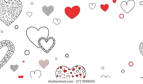 Patrón artístico sin fisuras con corazones incompletos dibujados a mano en tinta roja y negra sobre un fondo blanco limpio para proyectos románticos.