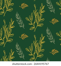 Artistic seamless pattern with hand-drawn gold and white outline leaves on a dark green background. A modern and sketchy botanical design for creative projects.