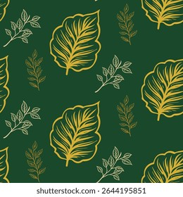 Artistic seamless pattern with hand-drawn gold and white outline leaves on a dark green background. A modern botanical design mixing bold and delicate styles.