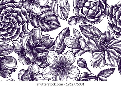 Artistic seamless pattern with hibiscus, plum flowers, peach flowers, sakura flowers, magnolia flowers, camellia japonica