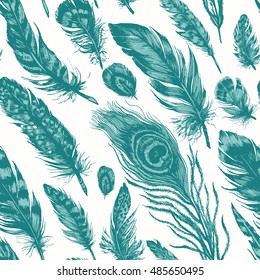 Artistic seamless pattern made of owl, pheasant, peacock, blue jay and other bird feathers. Hand drawn ink illustration in trendy rustic, boho, grunge style.