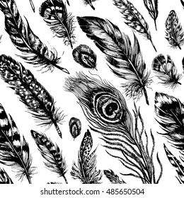 Artistic seamless pattern made of owl, pheasant, peacock, blue jay and other bird feathers. Hand drawn ink illustration in trendy rustic, boho, grunge style.