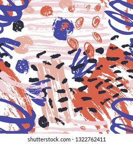 Artistic seamless pattern with paint stains, marks, traces, scribble on white background. Modern vector illustration in contemporary art style for wrapping paper, wallpaper, textile print, backdrop.
