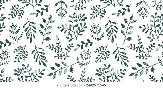 Artistic seamless pattern with pale green monochrome textured fern leaves and eucalyptus branches. Hand drawn print of tropical and daisy herbs for botany textile design, spring wallpaper, surface