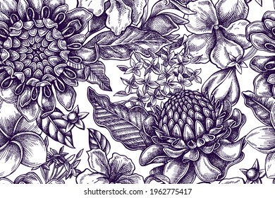 Artistic seamless pattern with plumeria, allamanda, clerodendrum, champak, etlingera, ixora