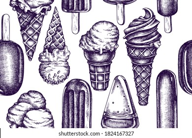 Artistic seamless pattern with popsicle ice cream, ice cream cones