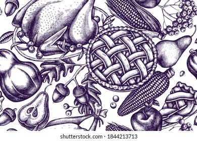Artistic seamless pattern with pumpkin, fork, knife, pears, turkey, pumpkin pie, apple pie, corn, apples, rowan, maple, oak
