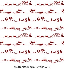 Artistic seamless pattern with rural line landscape