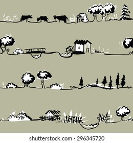 Artistic seamless pattern with rural line landscape