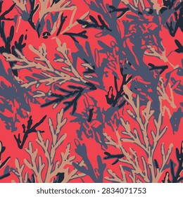 Artistic seamless pattern of Shore Juniper (Juniperus Conferta) branches in bold coral red and charcoal brush strokes for textiles and wallpaper.