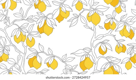 Patrón artístico sin fisuras muestra ramas de árbol de limón con frutas amarillas brillantes y hojas de arte de línea negra detallada en blanco.