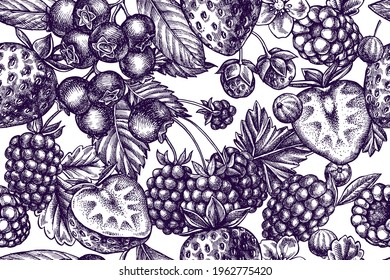 Patrón artístico sin soldadura con fresa, arándano, currícula roja, frambuesa, morera negra