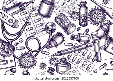Artistic seamless pattern with vial of blood, pills and medicines, medical thermometer, coronavirus rapid test, coronavirus bacteria cell, stethoscope, syringe, vaccine