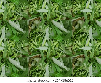 Padrão artístico sem emenda de folhas de espinafre aquático (Ipomoea aquatica), comumente conhecido como "kangkung", arranjado em um design de folhagem verde texturizado. Este motivo vegetal folhosa é perfeito para agricultura 