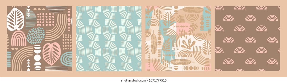 Artistic seamless patterns with abstract leaves and geometric shapes. Modern vector design for paper, cover, fabric, interior decor and other users.