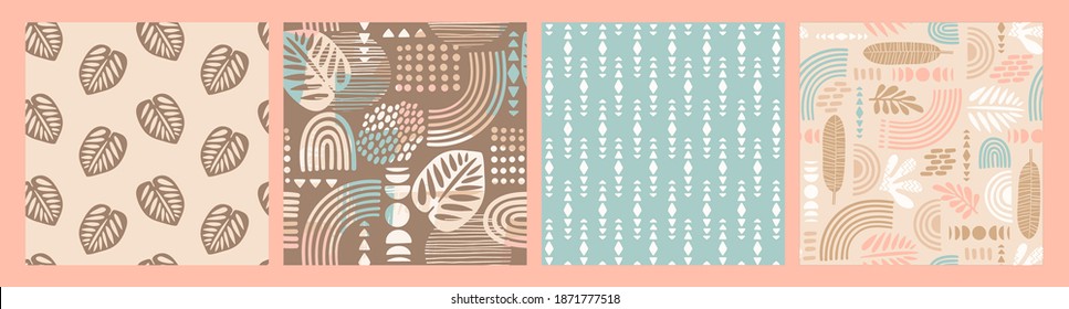 Artistic seamless patterns with abstract leaves and geometric shapes. Modern vector design for paper, cover, fabric, interior decor and other users.