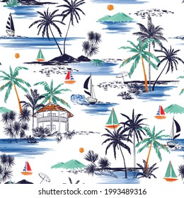 Artistic seamless Summer island pattern Landscape with palm trees, beach ,mountain, waves and ocean vector hand drawn style on white color background.