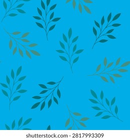 An artistic seamless surface design showcasing small dark green leafy branches scattered across a vibrant