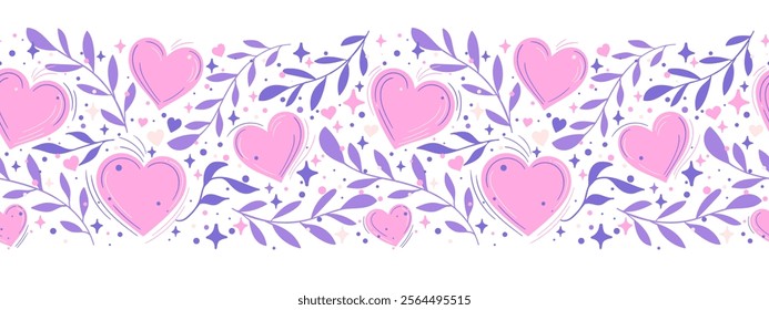 Artistic seamless vector boasting pink hearts and purple twigs on a transparent back. Intricate design with sparkles and stars creates a romantic mood. Nice for Valentine Day or love-themed projects.