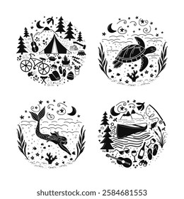 An artistic set of 8 wanderlust badges in monochrome vector, for upcoming season of travelling. Each creating unique atmosphere of unleashed adventures - bonfire, camping, hiking, boating scenes.