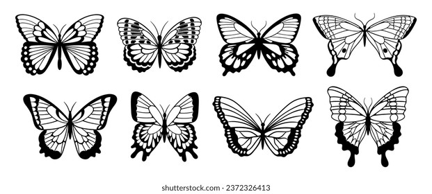 Artistic Set Of Black Butterfly Silhouettes, Capturing The Grace And Beauty Of These Delicate Creatures. Perfect For Adding A Touch Of Elegance To Projects, Tattoo, Decal or Print. Vector Illustration