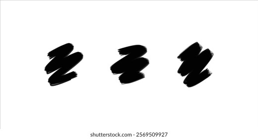 Artistic set of black ink brush strokes with grungy paint splashes and border shapes for abstract design backgrounds, grunge banners, graffiti textures, and creative vector illustrations