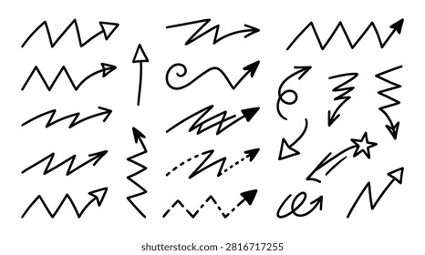 Artistic set of black ink hand drawn arrows with jagged lines spiral shapes shooting stars motion effects for dynamic design layouts creative storytelling highlighting specific areas journal decoration sketchy aesthetic vector illustrations for modern graphic projects.