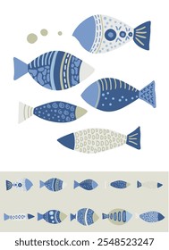 Artistic set of bluish imaginary fishes. Decorative and poetic set of vector illustration.
Indigo blue doodle ocean creatures. Hand drawn illustration perfect for large size wall arts, vol 02.