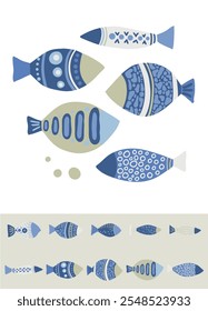 Artistic set of bluish imaginary fishes. Decorative and poetic set of vector illustration.
Indigo blue doodle ocean creatures. Hand drawn illustration perfect for large size wall arts, vol 01.