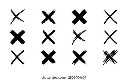 Artistic set of cross marks and multiply symbols created with charcoal brushes ink splatters and rough textures for ui design correction marks and graffiti style elements versatile black x shapes on white backdrop suitable for marking errors closing windows or creative urban backgrounds.