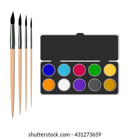 Artistic set. The drawing tools. Brush and watercolor. Vector illustration.