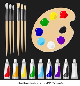 Artistic set. The drawing tools. Brushes, palette and oil paints. Vector illustration.