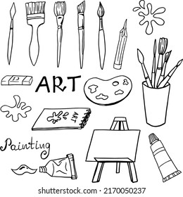Artistic set. Everything for drawing. Drawn items for artists in vector. A set of brushes for drawing. Creative. Art. Sketching objects for drawing. Element for a postcard.