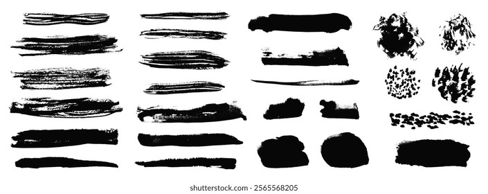 Artistic set of grunge hand painted isolated black ink textured brush strokes and blobs. Abstract unique chalk painting lines, scribble and scratches for graphic design, decoration, texture