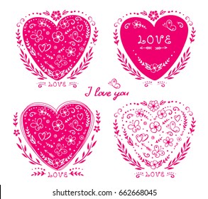 artistic set of hand drawn hearts with flowers, butterflies and decorative elements