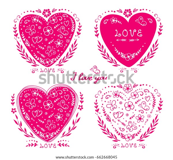 artistic set of hand drawn hearts with flowers,\
butterflies and decorative\
elements