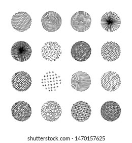 Artistic set of handcrafted design circle elements. Wavy line textures, paint dabs, abstract backgrounds for prints, poster templates, patterns