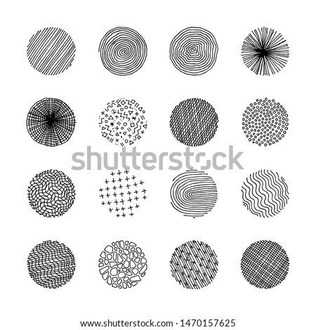 Artistic set of handcrafted design circle elements. Wavy line textures, paint dabs, abstract backgrounds for prints, poster templates, patterns