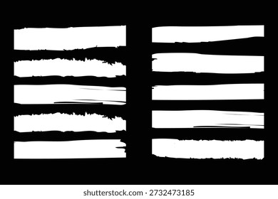 Artistic set of horizontal white brush strokes with rough edges for design projects and creative backgrounds