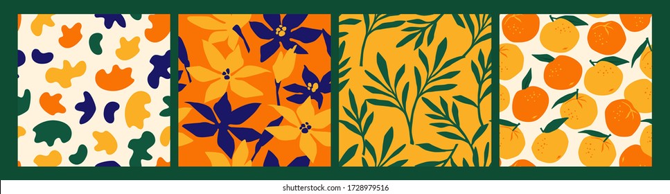 Artistic set of seamless patterns with abstract flowers and oranges. Modern design for paper, cover, fabric, interior decor and other users.