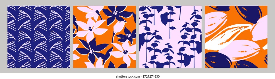 Artistic set of seamless patterns with abstract flowers and leaves. Modern design for paper, cover, fabric, interior decor and other users.