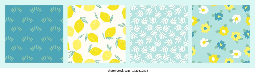 Artistic set of seamless patterns with abstract flowers and lemons. Modern design for paper, cover, fabric, interior decor and other users. - Shutterstock ID 1729310875