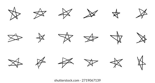 Artistic set of twenty-one unique hand-drawn sketchy star doodles on a clean white background
