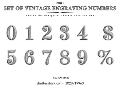 Artistic set of the vintage engraving numbers. Vector figures from 0 to 9 with a signs of dollar and percentage. Elegant etched digits for design of classic sales. Black clipart isolated on a white.