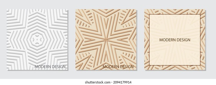 Künstlerischer Satz von Vintage quadratischen mit hellen Web-Banner-Hintergründen mit geometrischen ethnischen 3D-Muster, Rahmen für Text. Orientalisch, indisch, mexikanisch, aztekisch, handgefertigt.