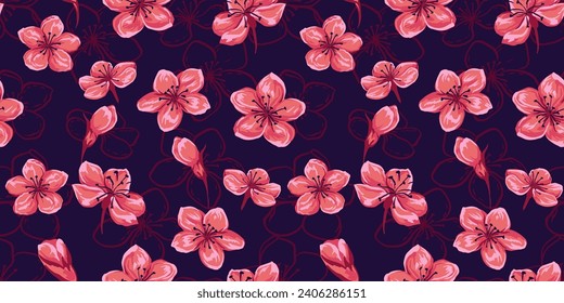 Artistic shape flowers seamless pattern. Colorful brush floral on a dark background. Abstract ditsy flower printing. Vector hand drawn sketch. Design for fabric, fashion, textile, wallpaper