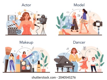 Artistic and showbusiness occupation set. Actor, dancer, make up artist and model. Collection of modern professions. Flat vector illustration