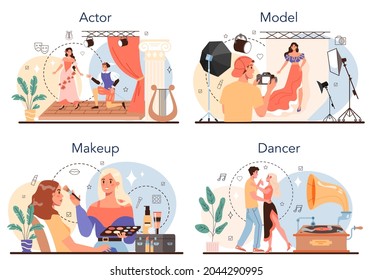 Artistic and showbusiness occupation set. Actor, dancer, make up artist and model. Collection of modern professions. Flat vector illustration