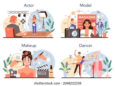 Artistic and showbusiness occupation set. Actor, dancer, make up artist and model. Collection of modern professions. Flat vector illustration