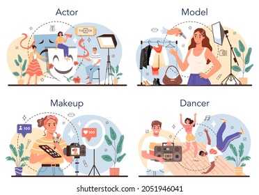 Artistic and showbusiness occupation set. Actor, dancer, make up artist and model. Collection of modern professions. Flat vector illustration